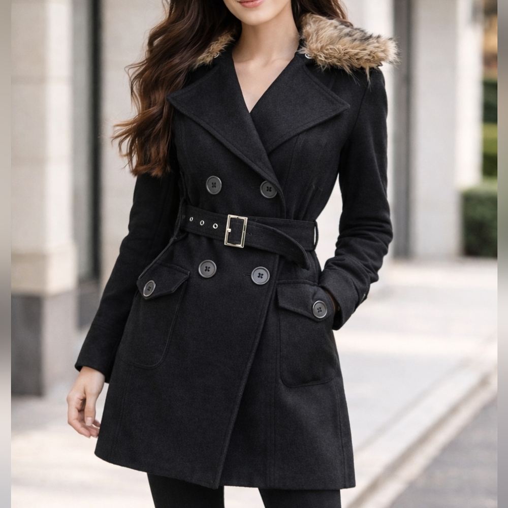 Grass Collection Wool Black Brown Faux Fur Belted Button Pea Coat